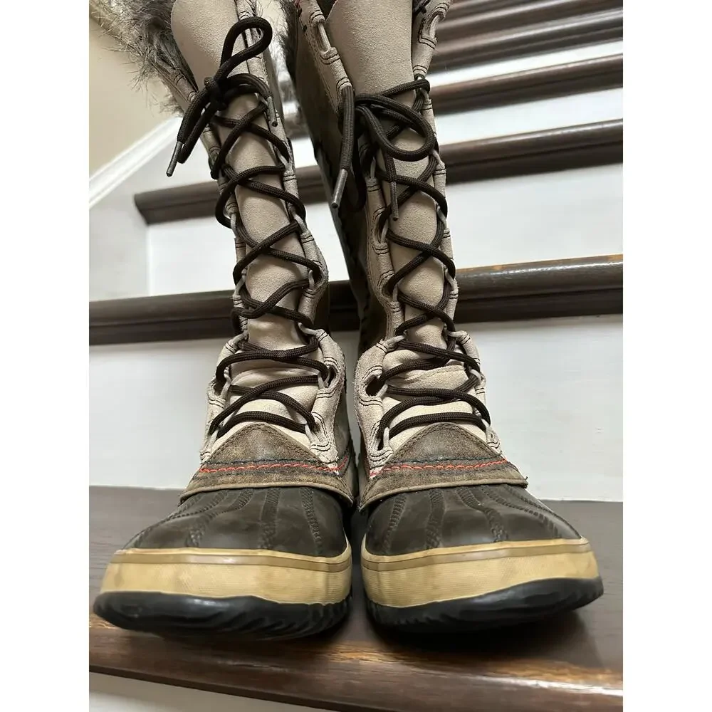 Sorel Cate The Great Tall Winter Boots Women's Size 7 Taupe leather faux fur